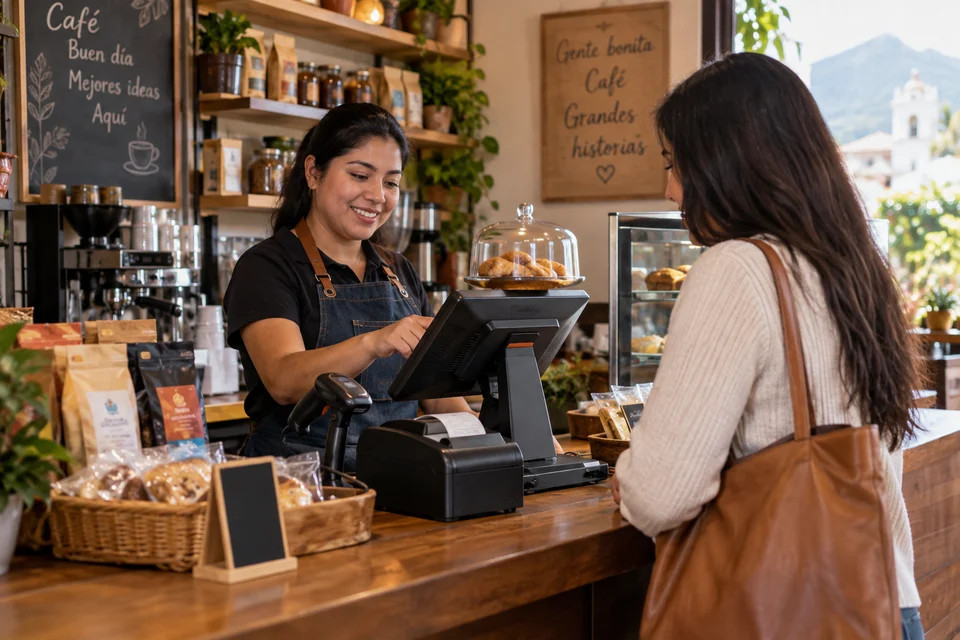 Comerciante usando un punto de venta moderno