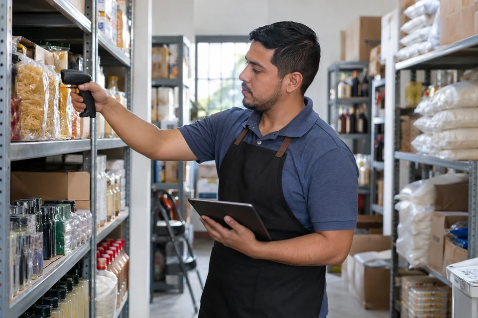Encargado revisando inventario con lector de códigos