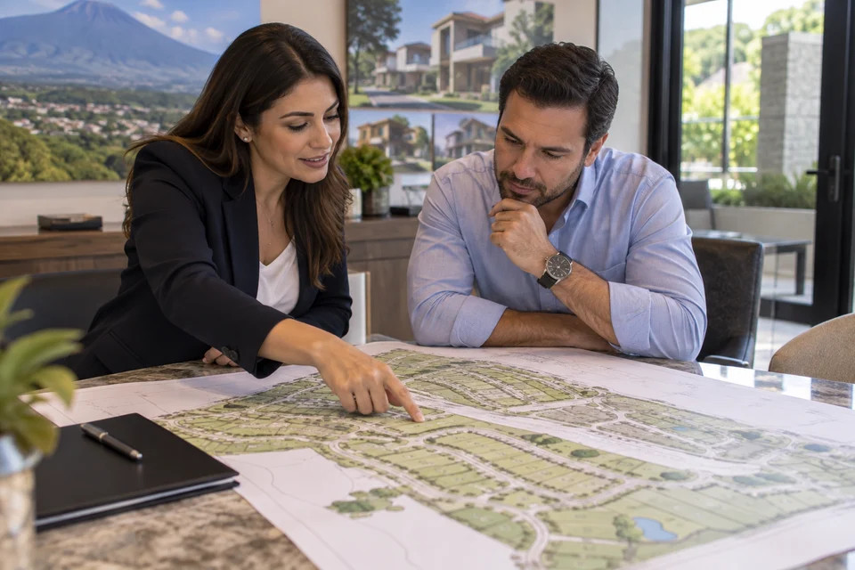Cliente y asesora revisando plano de lotificación