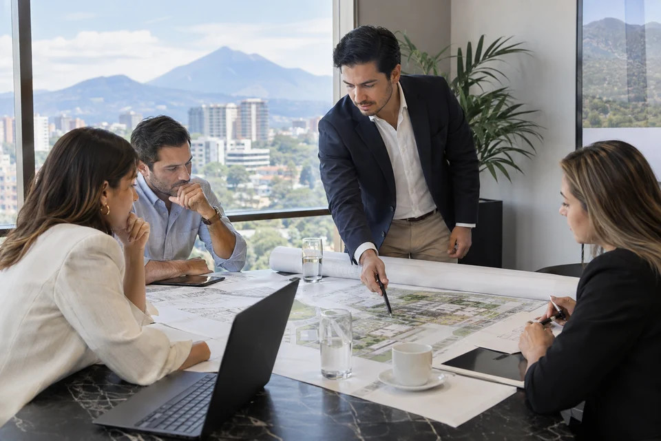 Equipo inmobiliario coordinando un proyecto